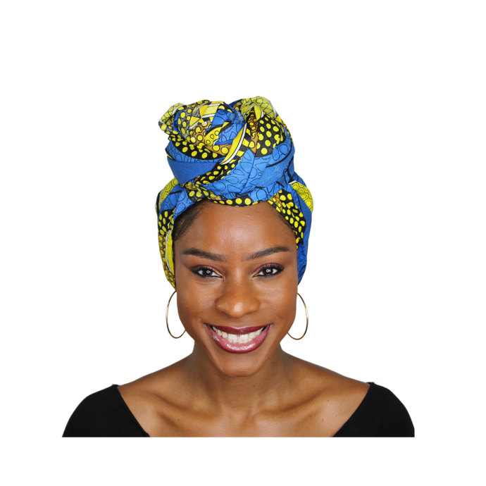 Ankara Headwrap and Scarf Dashiki African Print Kente (Blue and yellow) - Jamgal