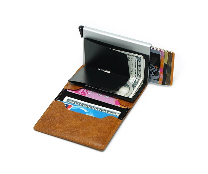 RFID Blocking Minimalist PU Leather Wallet with Slide Out Card Case Card Holder (light brown) - Jamgal