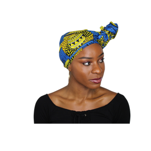 Ankara Headwrap and Scarf Dashiki African Print Kente (Blue and yellow) - Jamgal