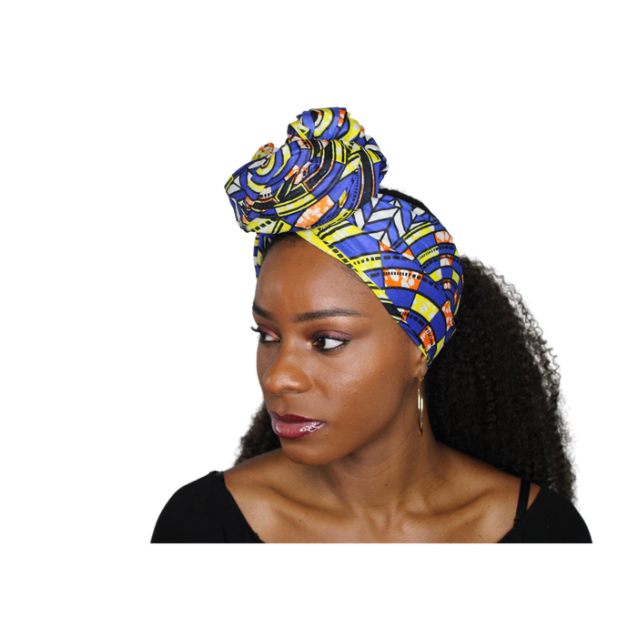 Ankara Headwrap and Scarf Dashiki African Print Kente (Blue and Peach) - Jamgal