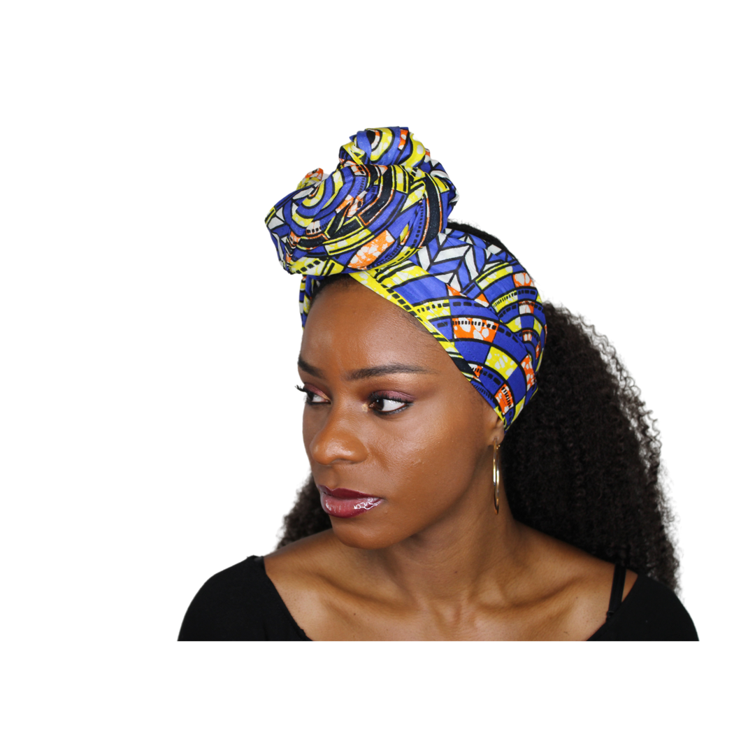 Ankara Headwrap and Scarf Dashiki African Print Kente (Blue and Peach) - Jamgal