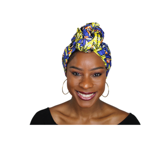 Ankara Headwrap and Scarf Dashiki African Print Kente (Blue and yellow) - Jamgal