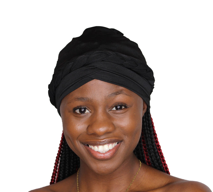 Pre-Tied Turban Headwrap Chemo Hat Multi Color Braided Protective Hairstyle Hairwrap (Black Braided) - Jamgal