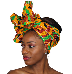 Ankara Headwrap and Scarf Dashiki African Print Kente (Black, yellow best Kente) - Jamgal