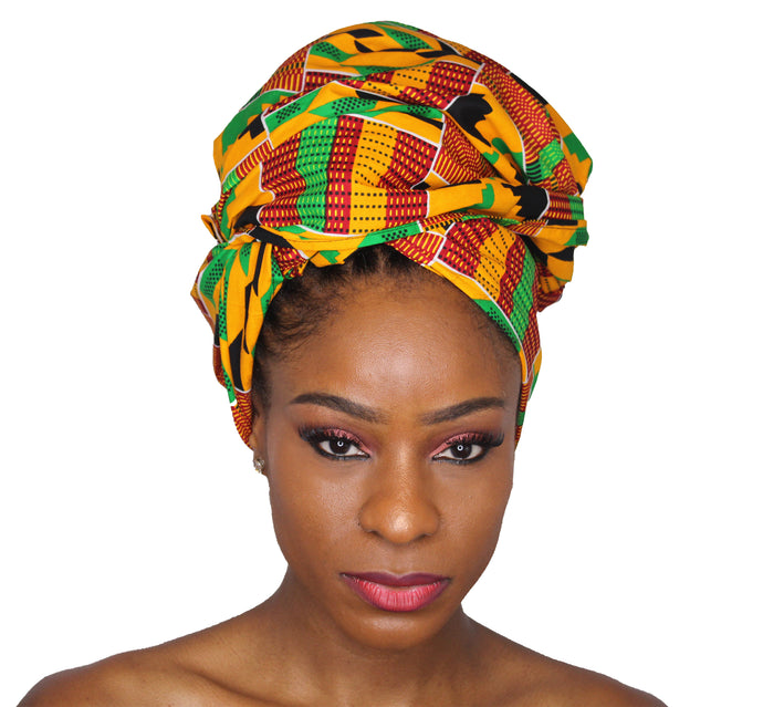 Ankara Headwrap and Scarf Dashiki African Print Kente (Black, yellow best Kente) - Jamgal