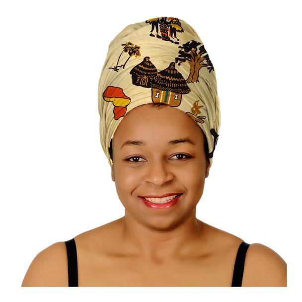 Ankara Headwrap and Scarf Dashiki African Print Kente (Beige African Village) - Jamgal
