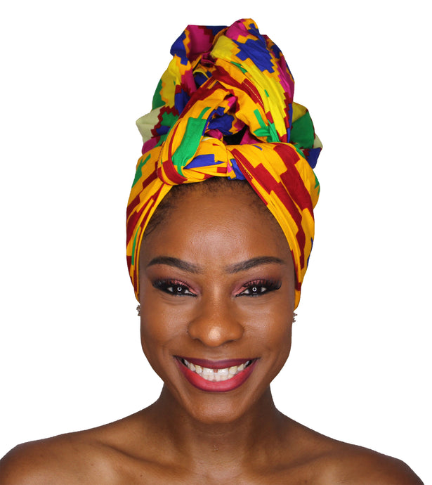 Ankara Headwrap and Scarf Dashiki African Print Kente (Purple Green and Yellow) - Jamgal