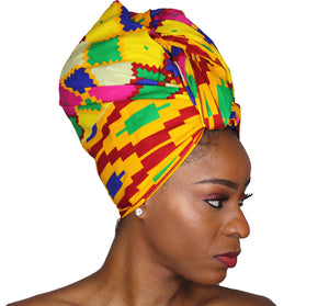 Ankara Headwrap and Scarf Dashiki African Print Kente (Purple Green and Yellow) - Jamgal