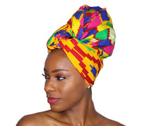 Load image into Gallery viewer, Ankara Headwrap and Scarf Dashiki African Print Kente (Purple Green and Yellow) - Jamgal