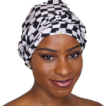 Load image into Gallery viewer, Pre-Tied Turban Headwrap Chemo Hat Multi Color Braided Protective Hairstyle Hairwrap (Black and White Braided) - Jamgal
