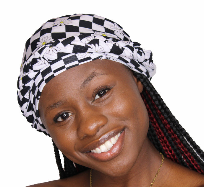 Pre-Tied Turban Headwrap Chemo Hat Multi Color Braided Protective Hairstyle Hairwrap (Black and White Braided) - Jamgal