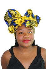 Load image into Gallery viewer, Ankara Headwrap and Scarf Dashiki African Print Kente (Yellow and Blue Peacock) - Jamgal
