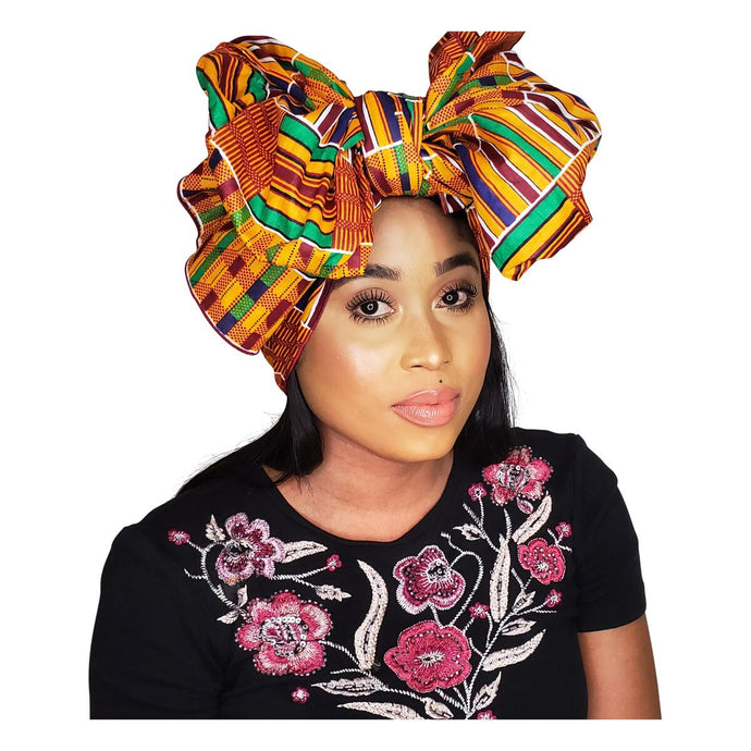 Ankara Headwrap and Scarf Dashiki African Print Kente (Green and Gold Kente) - Jamgal
